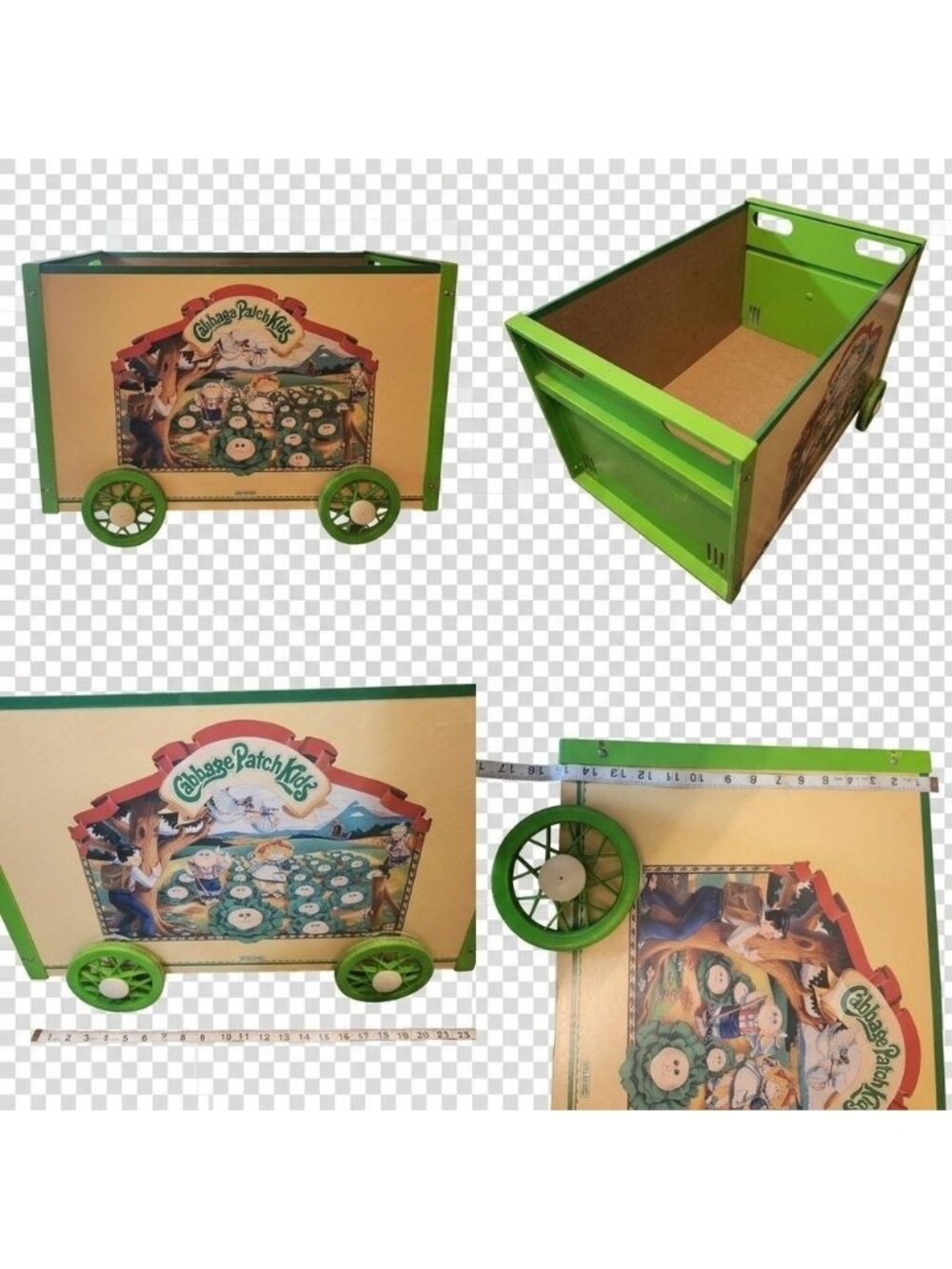 Vintage Cabbage Patch Kids Wooden Toy Box Crate on Wheels Rolling Storage 1980s
